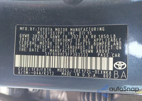 2015 Toyota Corolla Le z USA, uszkodzony, nr VIN 5YFBURHE9FP363333